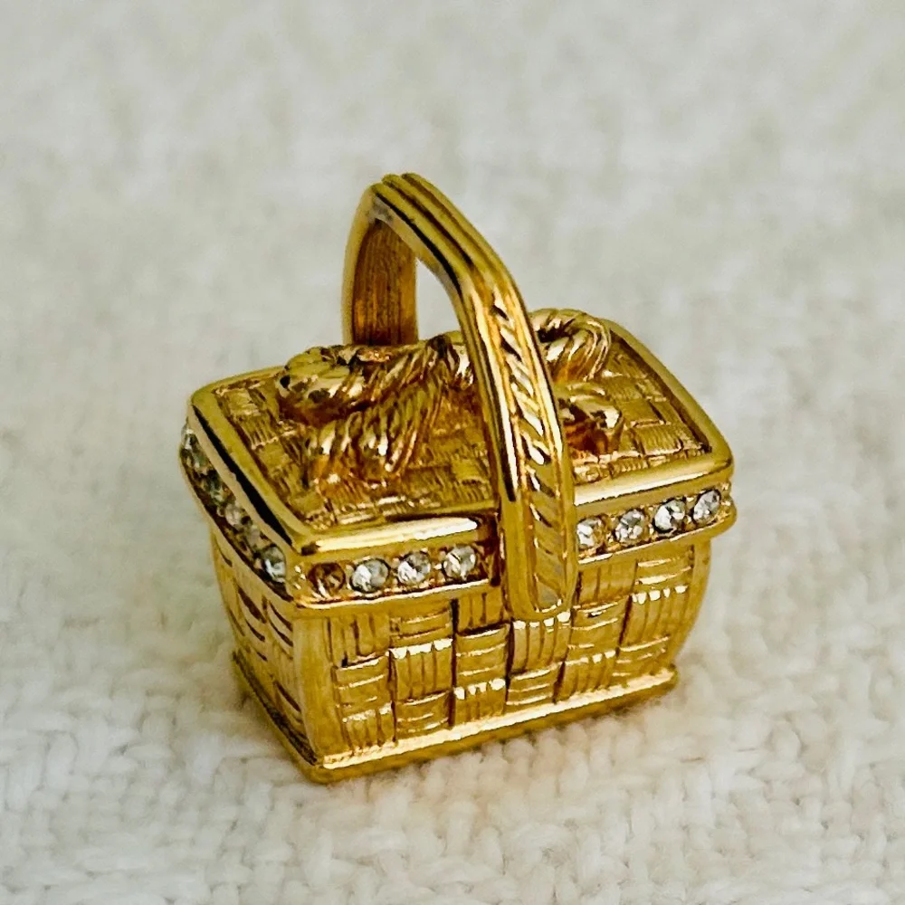 Vintage 1990s Swarovski Picnic Basket Pendant Necklace Gold-Tone & Crystal